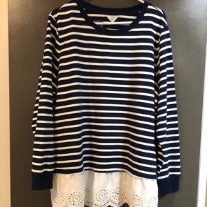 NWT Striped Navy and White Long Sleeve Top with Lace Hem
